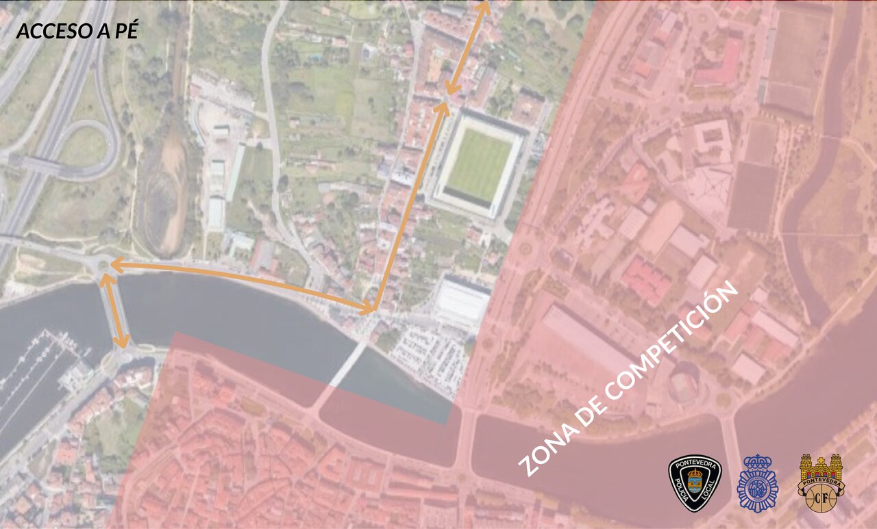 Plano del Pontevedra CF de acceso a pie a Pasarón